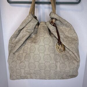 Michael Kors Marina Large Signature Bag MK Logo Natural Canvas Rope Flawed